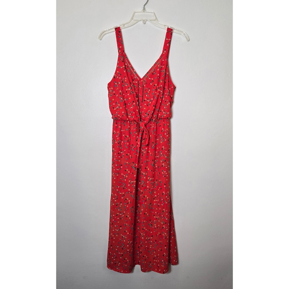 Sienna Sky Red Floral Maxi Dress Large Sleeveless V-Neck Tie Front Boho Lined